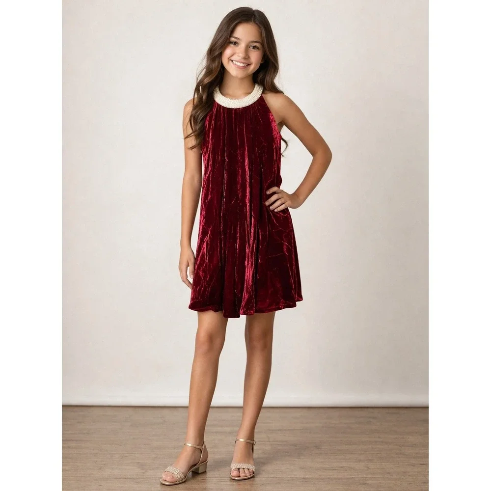 Ralph Lauren Girls 14‎ Red Velvet Silk Blend Dress Holiday Coquette Luxe Pearls
